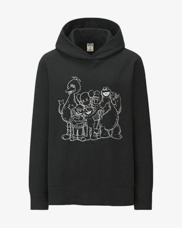 KAWS X UNIQLO X SESAME STREET GROUP OUTLINE BLACK HOODIE (ASIA SIZING)